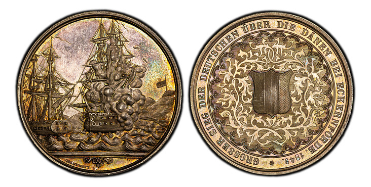 1085166 GERMAN STATES. Schleswig-Holstein. Friedrich VII. (1848-1863). 1849 AR Medal. PCGS MS63.  By Drentwett. Edge: Plain. 39mm. 24.43gm. Battle scene showing the Danish frigate 'Gefion' with 48-guns and 'Ship of the Line Christian VIII' with 84...
