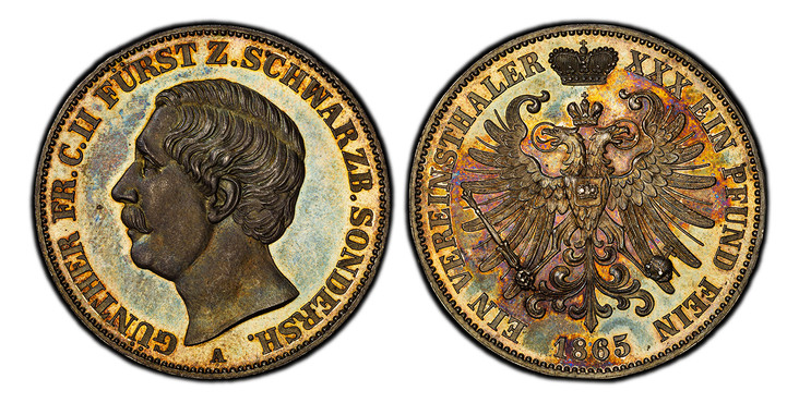 1087138 GERMAN STATES. Schwarzburg-Sondershausen. Günther Friedrich Karl II. 1865-A AR Thaler. PCGS PR65.  Arnstadt. Edge: GOTT MIT UNS. 18.52gm. GUNTHER FR. C. II FRUST Z. SCHWARZB. SONDERSH. Head left / EIN VEREINSTHALER XXX EIN PFUND FEIN. Crow...