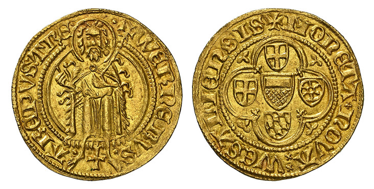 1086772 GERMAN STATES. Trier. Werner von Falkenstein. Archbishop and Elector, 1388-1418). (1388-1418) AV Goldgulden. NGC MS64.  Oberwesel. 3.46gm. Haloed St. John the Baptist; cross between his feet in legend below / Cruciform of shileds within qu...
