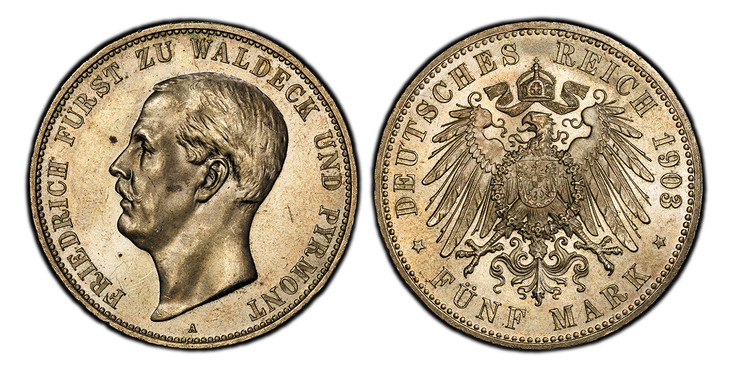 1085393 GERMAN STATES. Waldeck-Pyrmont. Friedrich. 1903-A AR 5 Mark. PCGS MS64.  Berlin. Edge: GOTT MIT UNS. 27.68gm. Head left / Crowned imperial eagle with shield on breast. KM 192; Jaeger 171.

Please use this link to verify the PCGS certificat...