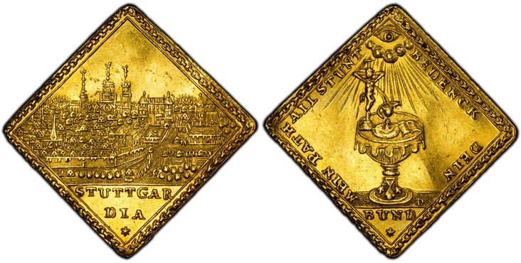 1087092 GERMAN STATES. Württemberg. (c.1740) ND D AV Klippe Medallic Ducat. PCGS MS62.  By Jeremias Daniel. 3.45gm. STUTTGAR/ DIA *. City view / MEIN PATH ALL STUNT BEDENCK DEIN/ BUND *. Radiant all seeing eye amid clouds above crucifix with two s...
