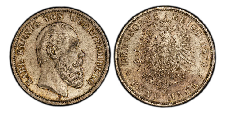 1085088 GERMAN STATES. Württemberg. Karl I. 1876-F AR 5 Mark. PCGS MS63.  Stuttgart. KARL KOENIG VON WUERTTEMBERG. Head right / DEUTSCHES REICH date, FUNF MARK below. Crowned imperial eagle. KM 623; Jaeger 173.

Please use this link to verify the ...