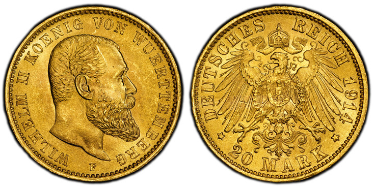 1087115 GERMAN STATES. Württemberg. Wilhelm II. 1914-F AV 20 Mark. PCGS MS66.  Freudenstadt. Edge: GOTT MIT UNS. WILHELM II KOENIG VON WUERTTEMBERG. Head right / DEUTSCHES REICH date, 20 MARK below. Crowned imperial eagle with shield on breast. KM...