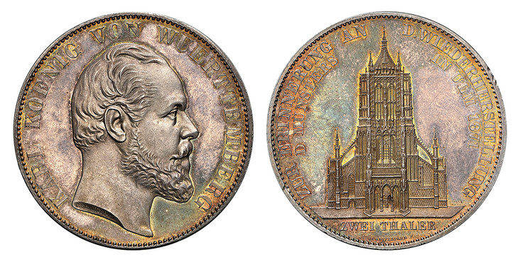 1087121 GERMAN STATES. Wurttemberg. Karl I. 1871 AR 2 Thaler, 3-1/2 Gulden. NGC PR62.  Edge: XV EIN PFUND FEIN. KARL KOENIG VON WUERTTEMBERG. Head right / ZUR ERINNERUNG AN D. WIEDERHERSTELLUNG (inner row) D. MUNSTERS IN ULM date, ZWEI THALER belo...