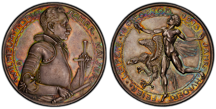 1086664 GERMANY - EMPIRE. Wilhelm II. (Kaiser, 1888-1918). 1913 Silvered Bronze Medal. PCGS MS64.  By Karl Goetz. Edge: Plain. 39.2gm. Half-length portrait, right / Allegorical figure with a branch strides to left; eagle left in background. Kienas...