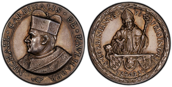 1086665 GERMANY, WEIMAR REPUBLIC. Michael Kardinal Faulhaber. (Archbishop of Munich and Freising, 1917-1952). 1924 AR Medal. PCGS MS63.  By Karl Goetz. Edge: SILBER 950. 34.8mm. 15.88gm. Bust, left / Bishops half-length portrait with crozier and b...