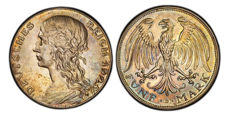 1086687 GERMANY, WEIMAR REPUBLIC. 1925-D AR Pattern AR 5 Reichsmark. PCGS SP63.  by Karl Goetz. Munich. 36mm. 25.43gm. DEVTSCHES – REICH. Bust of Germania, left; signed below truncation, K·GOETZ / REICHS 5 MARK. Eagle standing right, head and tail...