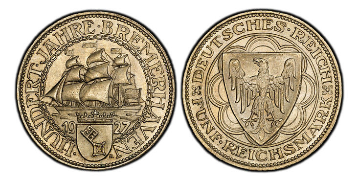 1086175 GERMANY, WEIMAR REPUBLIC. 1927-A AR 5 Reichsmark. PCGS MS66.  Berlin. 37mm. Eagle on shield, scalloped design in background / Crowned shield divides date below ship. KM 51; Jaeger 326.

100th Anniversary of Bremerhaven.

Please use this li...