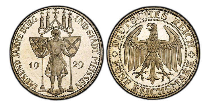1085099 GERMANY, WEIMAR REPUBLIC. 1929-E AR 5 Reichsmark. PCGS PR65 Cameo.  Muldenhutten. Eagle / Central figure holding shields on poles divides date, five crosses above. KM 66; Jaeger 339.

Struck to commemorate the 1000th Anniversary of Meissen...