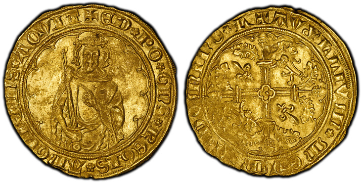 1087080 GREAT BRITAIN. Anglo-Gallic. Edward the Black Prince. (Prince of Aquitaine, 1362-1372). (1362-72) ND AV Hardi d'Or. PCGS MS60.  Limoges. 3.88gm. Duke standing and facing forward holding sword and pointing to right with left hand; legend ar...