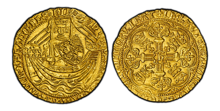1084870 GREAT BRITAIN. England. Henry V. (King, 1413-1422). (1413-22) ND-Cross patée AV Noble. PCGS MS64.  31mm. 6.94gm. H - ENRICx' DIx' GRAx' REXx' ANGL'x Zx FRANC'x DN'Sx HIBx. King standing in ship and facing holding sword and shield / + IH'C*...