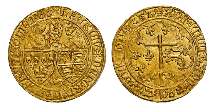 1084821 GREAT BRITAIN. Anglo-Gallic. Henry VI. (King, 1422-53). (1422-1453) ND-(crown) AV Salut d'Or. NGC MS62.  Paris mint. 27mm. 3.49gm. (crown mm) hЄИRICVS : DЄI : GRA : FRACORV : Ƶ : AGLIЄ : RЄX. The Virgin Mary standing behind the arms of Fra...