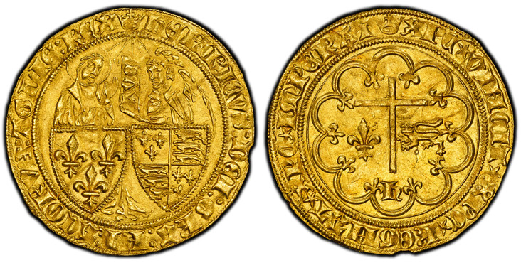 1084822 GREAT BRITAIN. Anglo-Gallic. Henry VI. (King, 1422-53). (1422-1453) ND-(crown) AV Salut d'Or. PCGS MS61.  Paris mint. 27mm. 3.53gm. (crown mm) hЄИRICVS : DЄI : GRA : FRACORV : Ƶ : AGLIЄ : RЄX. The Virgin Mary standing behind the arms of Fr...