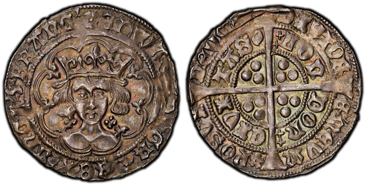 1086714 GREAT BRITAIN. England. Edward IV. (First Reign, 1461-1470). (1464)-(rose)/(rose) AR Groat. PCGS MS63.  London mint. 3.85gm. ЄDWΛRD’ DI GRΛ RЄX ΛnGL’ Z FRΛnC' (rose). Crowned facing bust in tressure of arches; trefoils on cusps, saltire st...