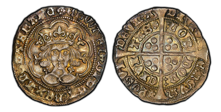 1087159 GREAT BRITAIN. England. Edward IV. (King, 1461-1470 & 1471-1483). (1464-65) ND-(rose) AR Groat. PCGS MS62.  London Mint. Crowned facing bust within tressure of arches; quatrefoils at neck, lis on cusps  / Long cross with three-pellets in e...