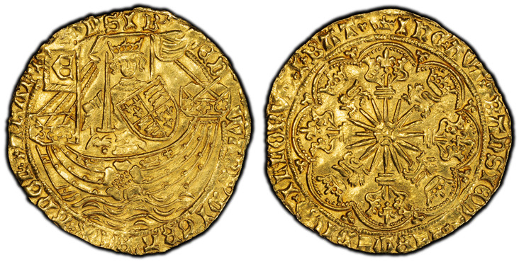 1086564 GREAT BRITAIN. England. Edward IV. (King, 1461-1470). (1466-67)-(Crown) AV Ryal - Rose Noble. PCGS AU58.  London mint. 7.63gm. ЄD WΛRD' · DI GRΛ · RЄX · ΛnGL' · Z · FRΛnC · DnS I B'· (single trefoil stops). Edward standing facing in ship w...