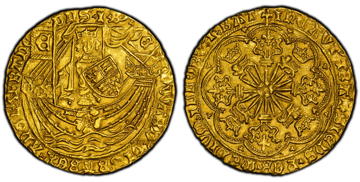 1086447 GREAT BRITAIN. England. Edward IV. (King, 1461-1470 & 1471-1483). (1469-70)-(Long cross fitchee) AR Ryal (Rose Noble). PCGS AU58.  Tower (London)mint. 7.63gm. King standing facing in ship holding sword and shield, rose on ship's side, bann...