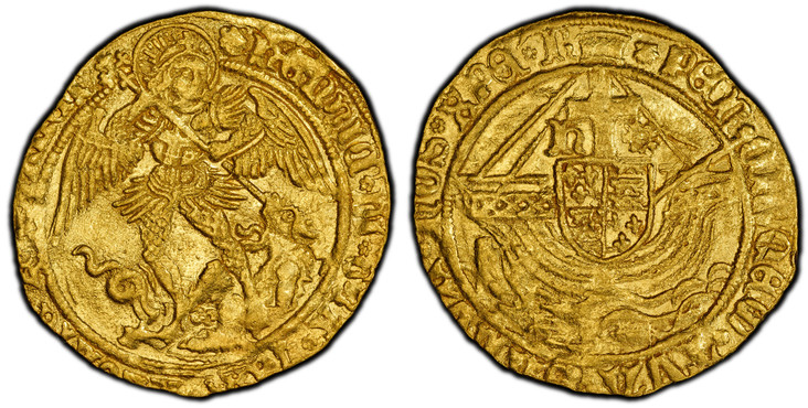1085661 GREAT BRITAIN. England. Henry VII. (King, 1485-1509). (c.1493-1495) ND-(Escallop) AV Angel. PCGS AU58.  London. 5.08gm. HENRIC'. DI'. GRA. REX. ANGLIE. Z. FRANCI'. St. Michael, spearing dragon, crosslet ends to spear / PER. CRVCEM. TVA. SA...