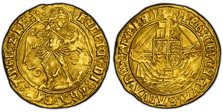 1087221 GREAT BRITAIN. England. Henry VII. (King, 1485-1509). (1505-1509)-(Pheon ) AV Angel. PCGS MS61.  London (Tower) mint. 5.01gm. ҺЄnRIC' : DI' : GRΛ' : RЄX : ΛGLIЄ' : Z : FRΛ'. Archangel Michael slaying dragon to lower right, spear topped by ...
