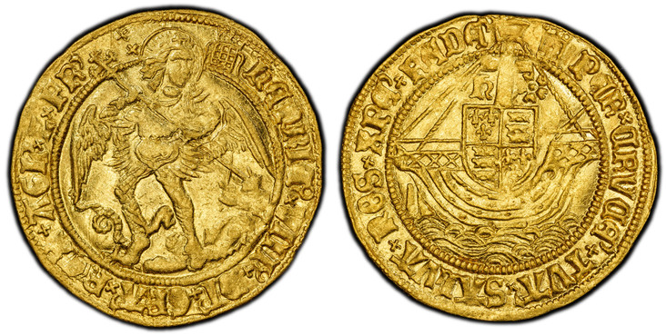 1085662 GREAT BRITAIN. England. Henry VIII. (King, 1509-47). (c.1513-26) ND-(Crowned portcullis with chains/portcullis) AV Angel. PCGS MS62.  London. 5.14gm. HENRIC?. VIII?. GRA'. REX. AGL'. Z. FR'. St. Michael spears a dragon / PER. CRVCE'. TVA'....