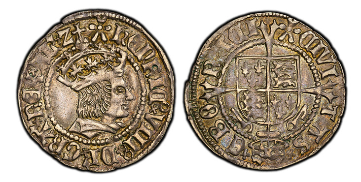 1087161 GREAT BRITAIN. England. Henry VIII. (King, 1509-47). (1514-26) ND-(Pansy) AR Half Groat (Twopence). PCGS AU58.  London. Crowned bust, right / CIVI-TAS - EBO-RACI. Voided long cross over quarters square-topped shield of arms; keys below. SC...