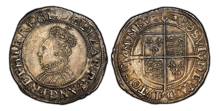 1087164 GREAT BRITAIN. England. Elizabeth I. (Queen, 1558-1603). (1592-95) ND-(Tun) AR Shilling. PCGS AU58.  Bust (6B), left, with ear showing / Long cross over quartered shield, within inner ring. SCBC-2577; North 2014 (Sixth issue).

Please use ...