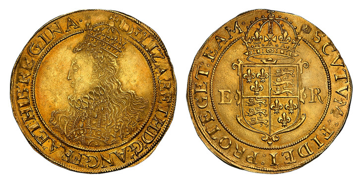 1087224 GREAT BRITAIN. England. Elizabeth I. (Queen, 1558-1603). (1592-95)-(Tun) AV Pound. NGC MS61.  London (Tower) mint. 11.12gm. (tun) ELIZABETH:D;G;ANG;FRA;ET:HIB;REGINA. Crowned bust 7A left with long hair and richly ornamented dress / SCVTVM...