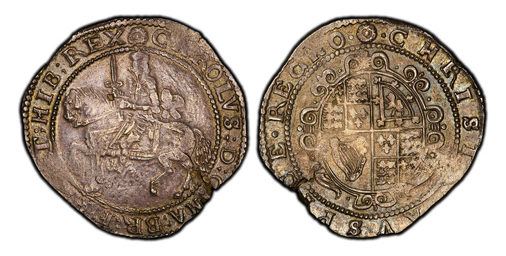 1087170 GREAT BRITAIN. England. Charles I. (1643-45) ND-(Rose) AR Halfcrown. PCGS AU55.  Exeter mint. King on horseback, left; sword raised and sash tied in bow / Round shield with five short and two long scrolls. SCBC-3065; North 2550.

Please us...