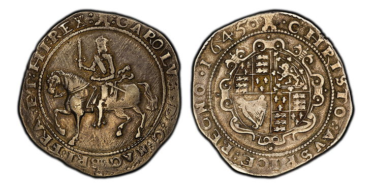 1087168 GREAT BRITAIN. England. Charles I. 1645-(Castle) AR Crown. PCGS XF40.  Exeter. King's sash has loose ends instead of bow / Ornate oval shield of quartered arms. KM 334.4; SCBC-3062; North 2561.

Please use this link to verify the PCGS cert...