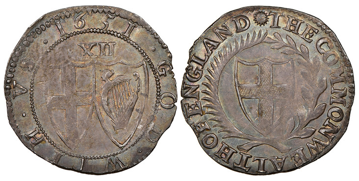 1082800 GREAT BRITAIN. England. Commonwealth. (1649-1660). 1651-(Sun) AR Shilling. NGC MS63.  6.04gm. THE • COMMONWEALTH • OF • ENGLAND • (sun) •. Shield with St. George's cross within wreath / (date) • GOD • WiTH • VS. • XII • (value) above two s...
