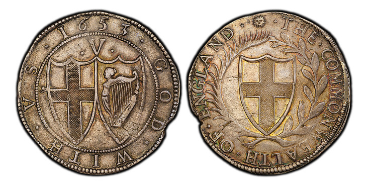 1087171 GREAT BRITAIN. England. Commonwealth. (1649-1660). 1653-(Sun) AR Crown. PCGS AU58.  London mint. English shield of arms within wreath / Conjoined shields, mark of value above. KM 392; SCBC-3214; North 2721;  Dav.-3772.

Please use this lin...