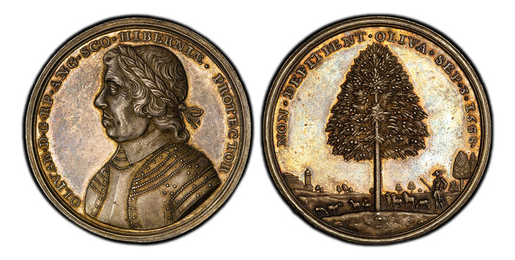 1086158 GREAT BRITAIN. Oliver Cromwell. (Lord Protector of the Commonwealth of England, Scotland, and Ireland, 1653-1658). 1658 AR Medal. PCGS MS62.  48mm. 45.01gm. OLIVAR • D • G • RP • ANG • SCO • HIBERNIAE • PROTEECTOR. Laureate and armored bus...