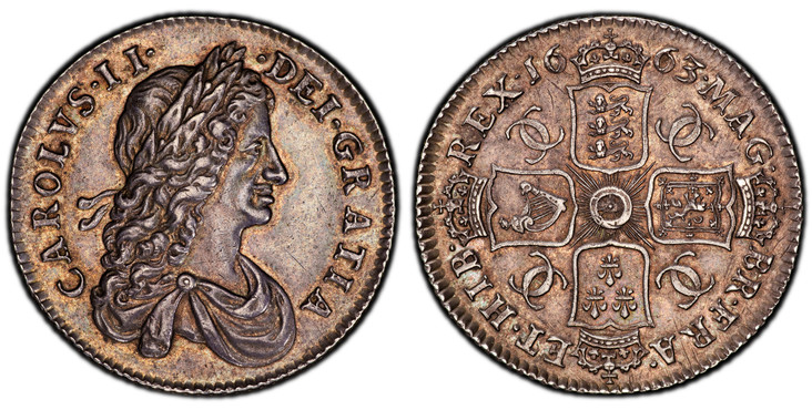 1086589 GREAT BRITAIN. England. Charles II. 1663 AR Shilling. PCGS MS62.  First bust of Charles II right / Crowned cruciform arms with linked C's in angles, date divided at top. KM 418.1; SCBC-3372.

Please use this link to verify the PCGS certifi...