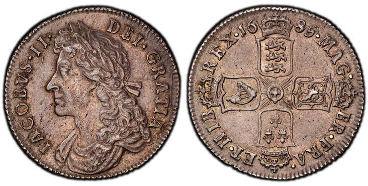 1086135 GREAT BRITAIN. England. James II. (King, 1685-88). 1685 AR Shilling. PCGS AU58.  26.1mm. 5.92gm. Laureate bust of James II, left / Cruciform of crowned shields of arms; date divided in legend above. KM 451.1; SCBC-3410; ESC-1068.

Please u...