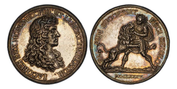 1087172 GREAT BRITAIN. England. James II. (King, 1685-88). 1685 AR Medal. PCGS MS61.  By J. Smeltzing. 49mm. Armored bust, right / Roman soldier at left wrestling lion pouncing right; date in Roman numerals in exergue. Eimer 277; MI-613/22.

Comme...