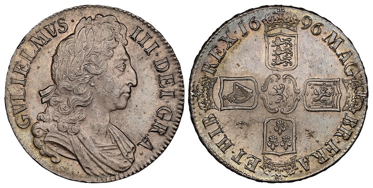 1086322 GREAT BRITAIN. England. William III. (King, 1694-1702). 1696 AR Crown. NGC MS64.  Edge: OCTAVO. Third bust (straight breastplate on chest) of William III right / First harp in left shield. KM 494.1; SCBC-3472 (plate coin); ESC 1004 (Prev. ...