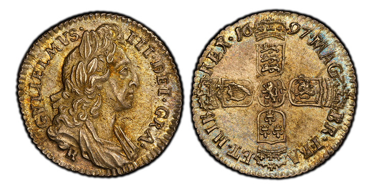 1086847 GREAT BRITAIN. England. William III. (King, 1694-1702). 1697 B AR Sixpence. PCGS MS64.  Bristol. First bust of William III right; B below bust / Late harp, large crowns. KM 484.9; SCBC-3528; ESC-1261 (Prev. ESC-1554).

Very rare quality fo...