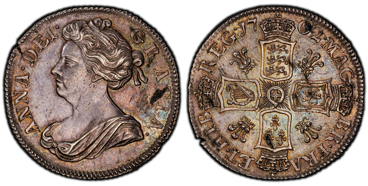 1086138 GREAT BRITAIN. England. Anne. (Queen, 1702-1714). 1702 AR Shilling. PCGS MS62.  25.2mm. 5.98gm. Bust left / Plumes in angles. KM 509.2; SCBC-3584; ESC-1129 .
Ex CNG, Seaby (30 September 1993) Lot 240. Includes original collector's ticket.
...
