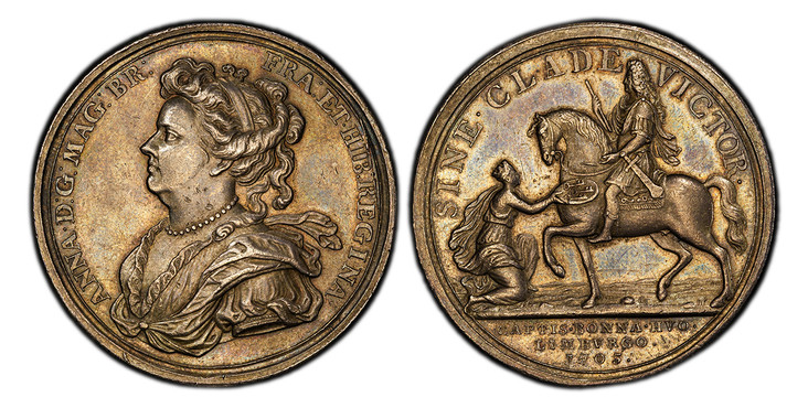 1087173 GREAT BRITAIN. England. Anne. 1703 AR Medal. PCGS AU58.  By J. Croker. ANNA · D : G : MAG : BR : FRA : ET · HB : REGINA ·. Diademed, draped, and mantled bust left, wearing necklace / SINE · CLADE VICTOR. The Duke of Marlborough on horsebac...