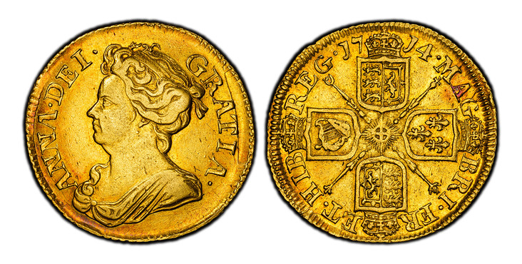 1086101 GREAT BRITAIN. Anne. (Queen, 1702-1714). 1714 AV Guinea. PCGS AU55.  London. 8.3gm. ANNA · DEI · - GRATIA ·. Third bust left / MAG - BRI · FR - ET · HIB - REG ·. Crowned shields in cruciform, sceptres at angles. KM 534; SCBC-3574; EGC-479;...