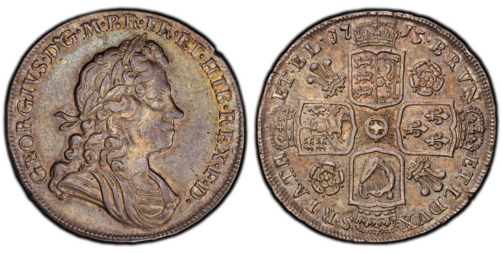 1086140 GREAT BRITAIN. George I. (Queen, 1714-1727). 1715 AR Halfcrown. PCGS AU50.  15.13gm. GEORGIVS · D · G · M · BR · FR · ET · HIB · REX · F · D ·. Laureate bust right / BRVN - ET · L · DVX - S · R · ... Crowned shields in cruciform, roses and...