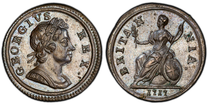 1086688 GREAT BRITAIN. George I. 1717 CU Farthing. PCGS MS63BN (Brown).  GEORGIVS - · - REX ·. Laureate bust right / BRITA - N - NIA ·. Brittania seated left. KM 548; SCBC-3661.

Dump issue, small planchet.

Please use this link to verify the PCGS...