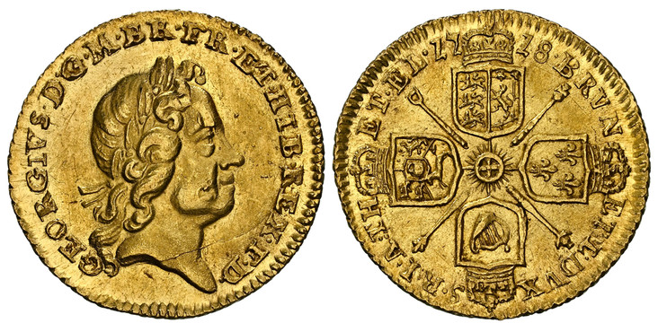 1087231 GREAT BRITAIN. George I. (King, 1714-1727). 1718 AV Quarter-Guinea. NGC MS64.  GEORGIVS  · D · G · M · BR · FR · ET · HIB · REX · F · D ·. Laureate head right / Crowned shields in cruciform, scepters at angles. KM 555; SCBC-3638.

Please u...
