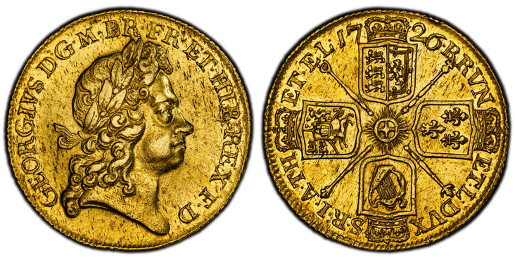 1087227 GREAT BRITAIN. George I. (King, 1714-1727). 1726 AV Two Guineas. PCGS AU55.  GEORGIUS · D · G · M · BR · FR · ET · HIB · REX · F · D ·. Laureate head right / BRVN - ET · L · DVX - S · R · I · A · TH - ET · EL ·. Crowned shields in crucifor...