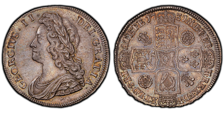 1086145 GREAT BRITAIN. George II. (King, 1727-1760). 1731 AR Halfcrown. PCGS MS62.  44.5mm. 15.98gm. GEORGIVS · II · - DEI · GRATIA ·. Laureate bust left / F · D · B · - ET · L · D · S · R · I · - A · T · ET · E · - M · B · F · ET · - H · REX ·. R...