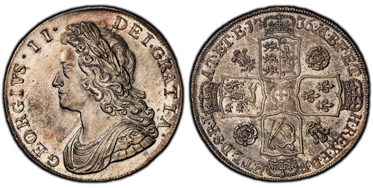 1086249 GREAT BRITAIN. George II. 1736 AR Halfcrown. PCGS MS63.  GEORGIVS · II · - DEI · GRATIA ·. Laureate bust left / F · D · B · - ET · L · D · S · R · I · - A · T · ET · E · - M · B · F · ET · - H · REX ·. Roses and plumes in angles. KM 574.1;...