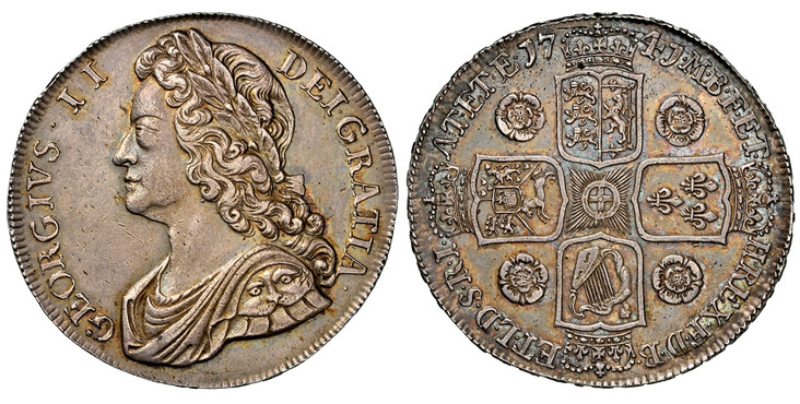 1085986 GREAT BRITAIN. George II. (King, 1727-1760). 1741 AR Crown. NGC AU55.  39.3mm. 29.98gm. GEORGIVS · II · - DEI · GRATIA ·. Laureate bust left / F · D · B · - ET · L · D · S · R · I · - A · T · ET · E · - M · B · F · ET · - H · REX ·. Roses ...