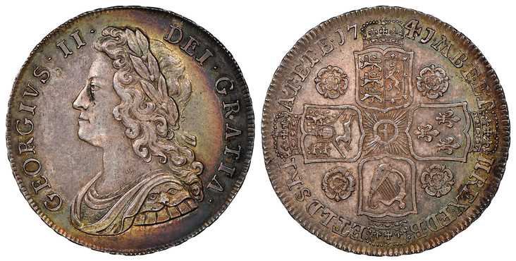 1087445 GREAT BRITAIN. George II. 1741/39 AR Halfcrown. NGC MS62.  Edge: QVARTO. Laureate bust; left / Shields in cruciform. KM 574.3; SCBC-3693; ESC-1682.

Overdate issue

Please use this link to verify the NGC certification number <a href="https...