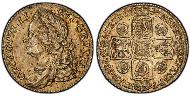 1086146 GREAT BRITAIN. George II. (King, 1727-1760). 1743 AR Shilling. PCGS AU58.  25.8mm. 6gm. GEORGIVS · II ·  DEI · GRATIA ·. Older laureate head left / F · D · B · - ET · L · D · S · R · I · - A · T · ET · E · - M · B · F · ET · - H · REX ·. C...