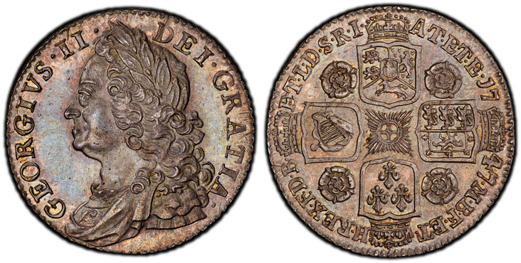 1086147 GREAT BRITAIN. George II. (King, 1727-1760). 1747 AR Shilling. PCGS MS63.  25.5mm. 6gm. GEORGIVS · II ·  DEI · GRATIA ·. Older laureate head left / F · D · B · - ET · L · D · S · R · I · - A · T · ET · E · - M · B · F · ET · - H · REX ·. C...